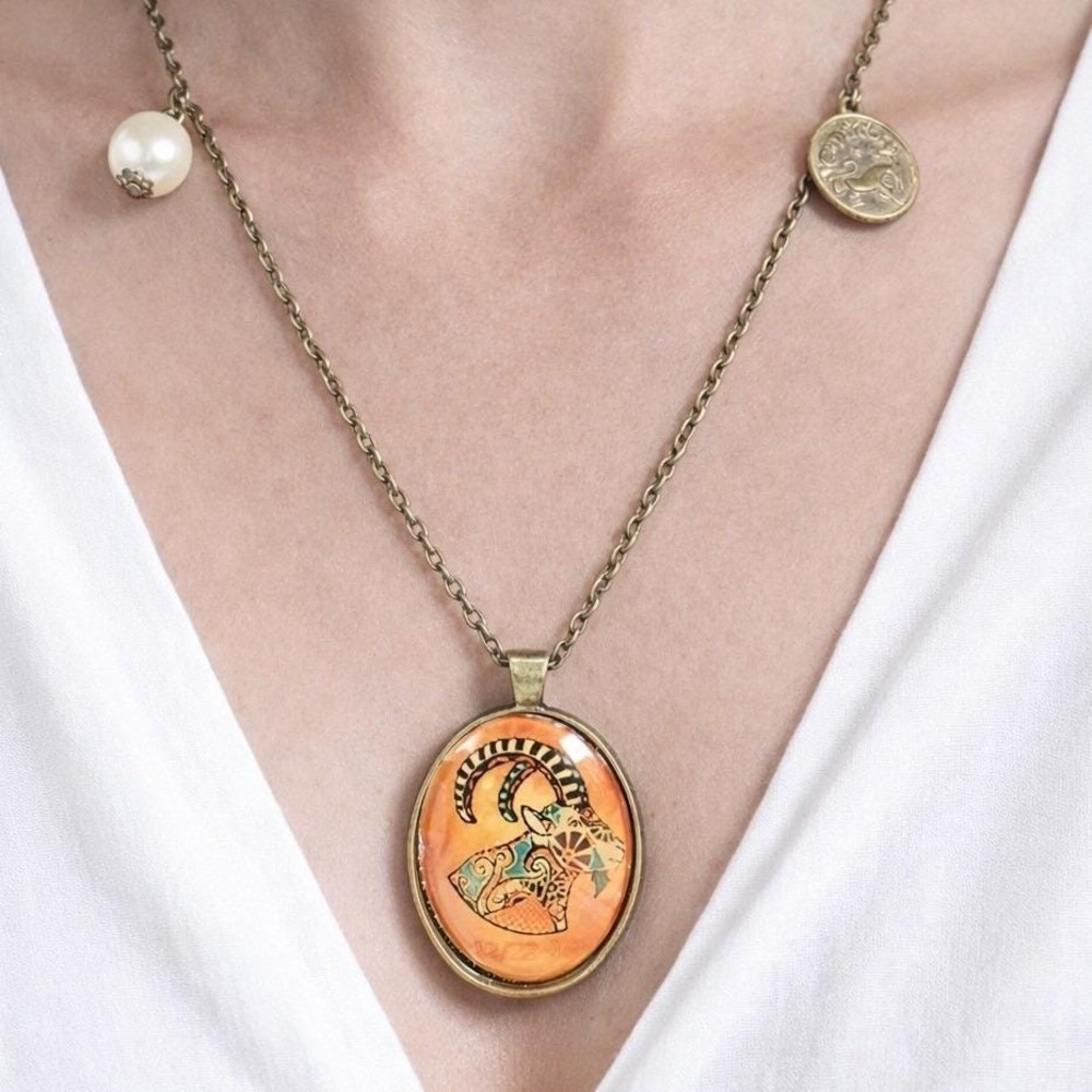 Vintage Goat Pendant Necklace Brass Tone Domed Art Boho As Is